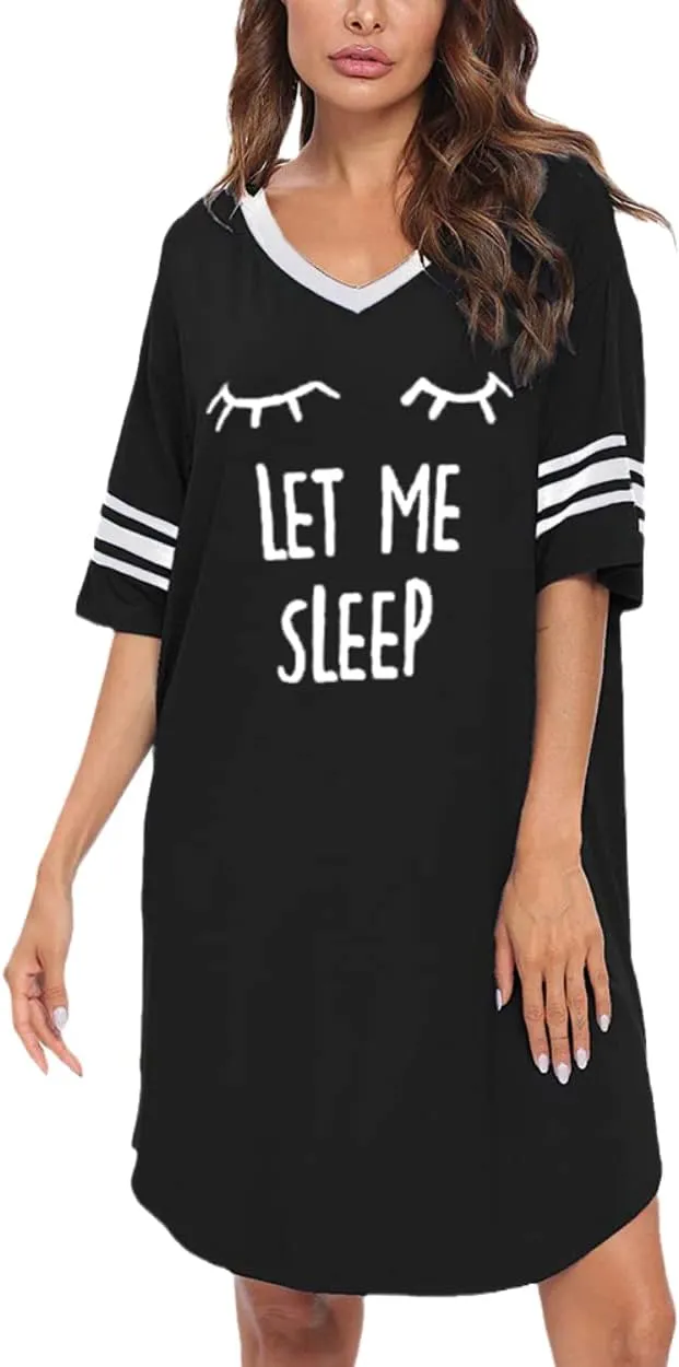 KAMONG Sleep Shirts for Women Short Sleeve Cotton Novelty Night Shirts V Neck Oversized Nightgowns Cute Printed Nightdress