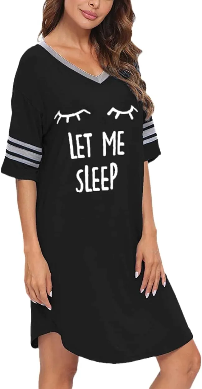 KAMONG Sleep Shirts for Women Short Sleeve Cotton Novelty Night Shirts V Neck Oversized Nightgowns Cute Printed Nightdress