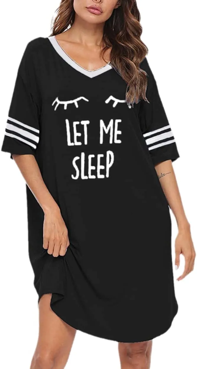 KAMONG Sleep Shirts for Women Short Sleeve Cotton Novelty Night Shirts V Neck Oversized Nightgowns Cute Printed Nightdress