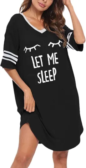 KAMONG Sleep Shirts for Women Short Sleeve Cotton Novelty Night Shirts V Neck Oversized Nightgowns Cute Printed Nightdress