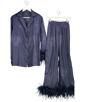 Lavish Alice Blue Helen Feather Trim Satin Jacquard Pyjama UK 8