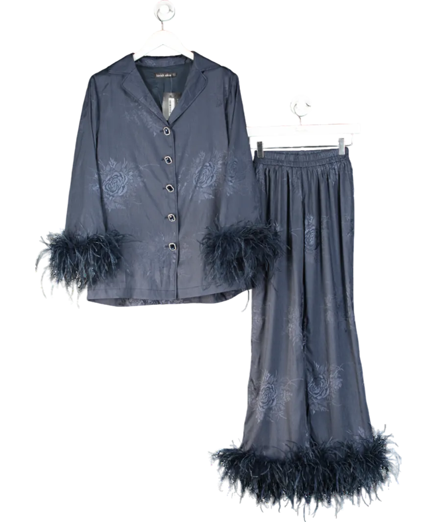 Lavish Alice Blue Helen Feather Trim Satin Jacquard Pyjama UK 8