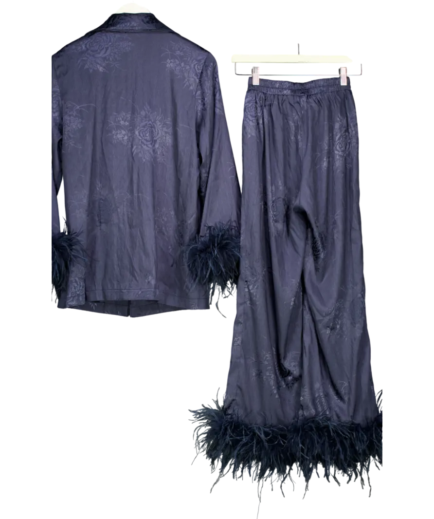 Lavish Alice Blue Helen Feather Trim Satin Jacquard Pyjama UK 8