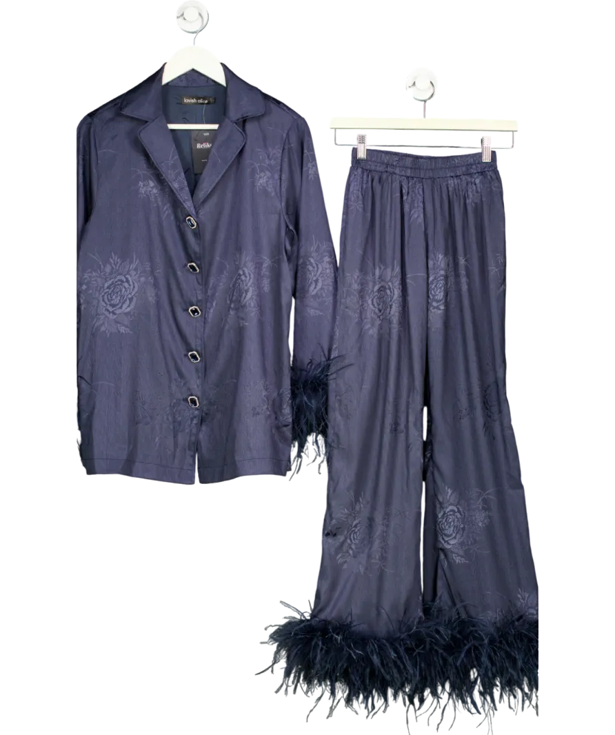 Lavish Alice Blue Helen Feather Trim Satin Jacquard Pyjama UK 8