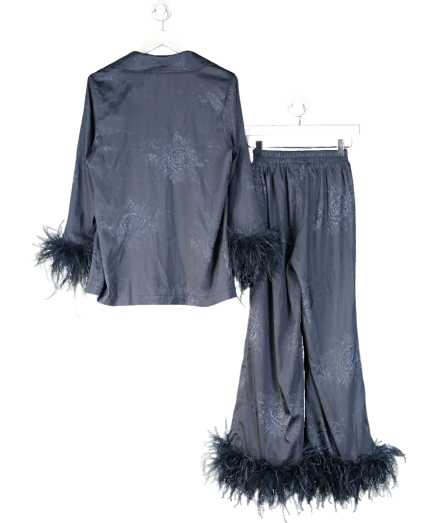 Lavish Alice Blue Helen Feather Trim Satin Jacquard Pyjama UK 8