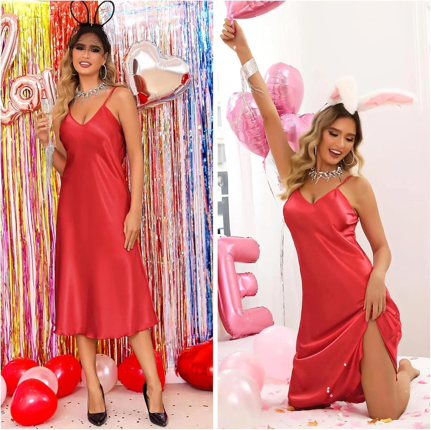 Litherday Silk Nightgown for Women Long Satin Slip Dress Nightdress Silky Chemise Nightie Soft V Neck Nightwear