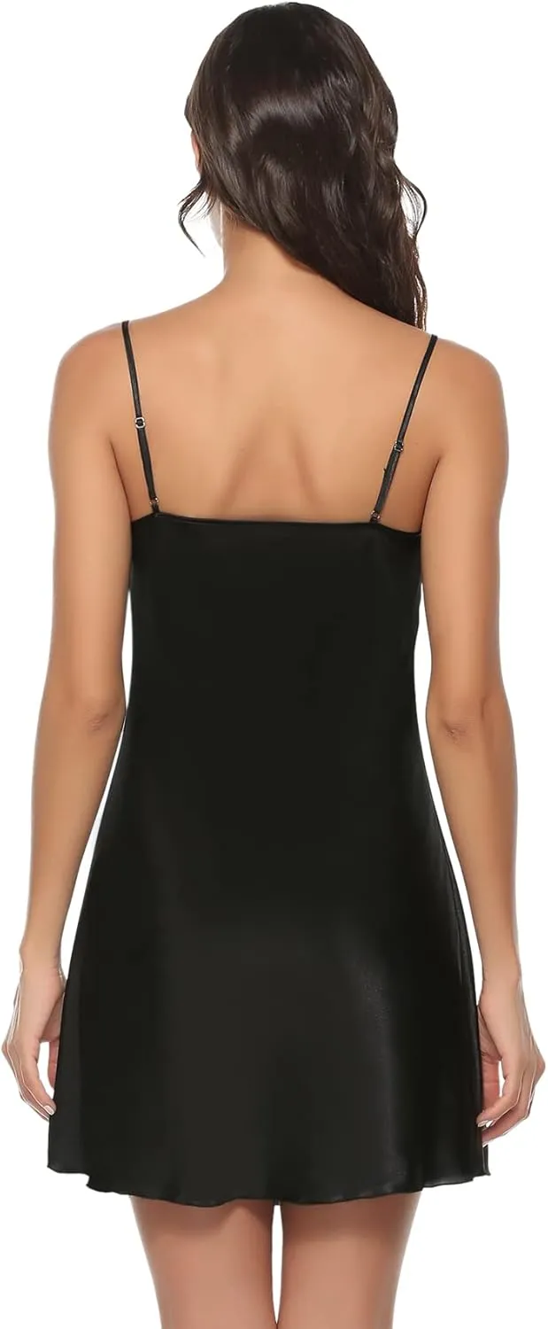 Litherday Women's Satin Nightgown Silk Slip Dress Sleepwear Sexy V Neck Negligee Lingerie Short Nightwear