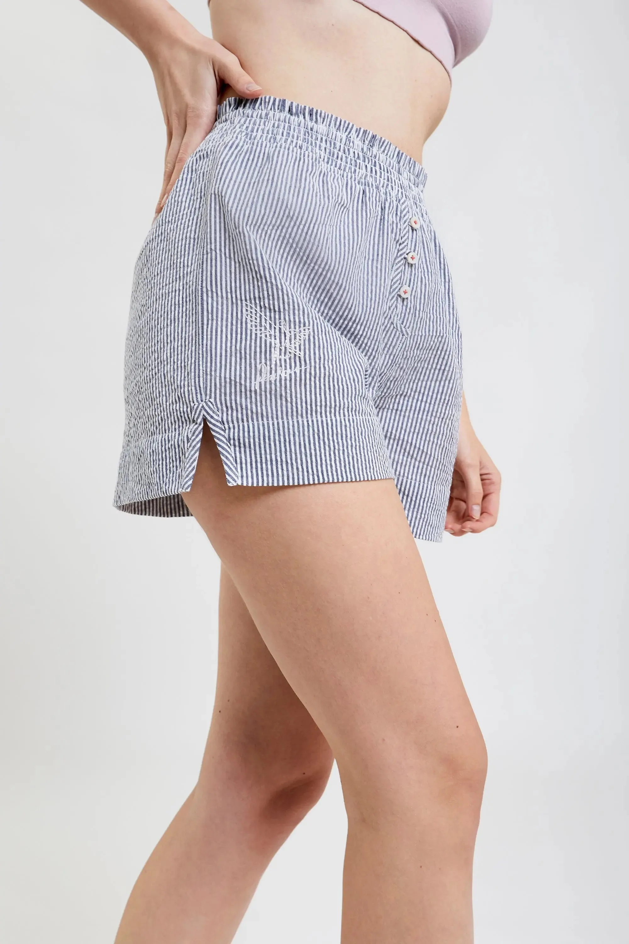 Lomandra Ethical-Cotton Pyjama Shorts - Pinstripe Charcoal