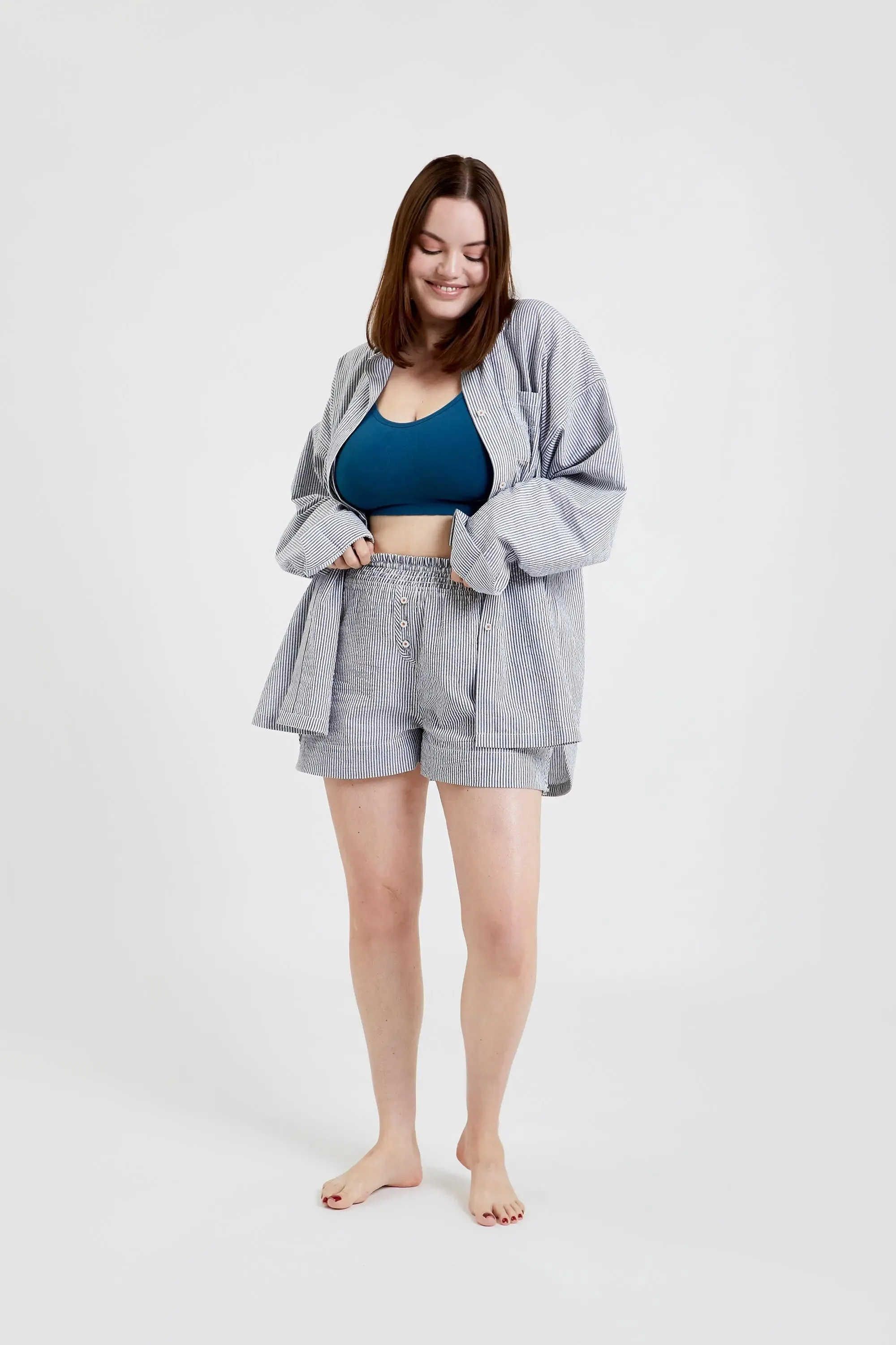 Lomandra Ethical-Cotton Pyjama Shorts - Pinstripe Charcoal