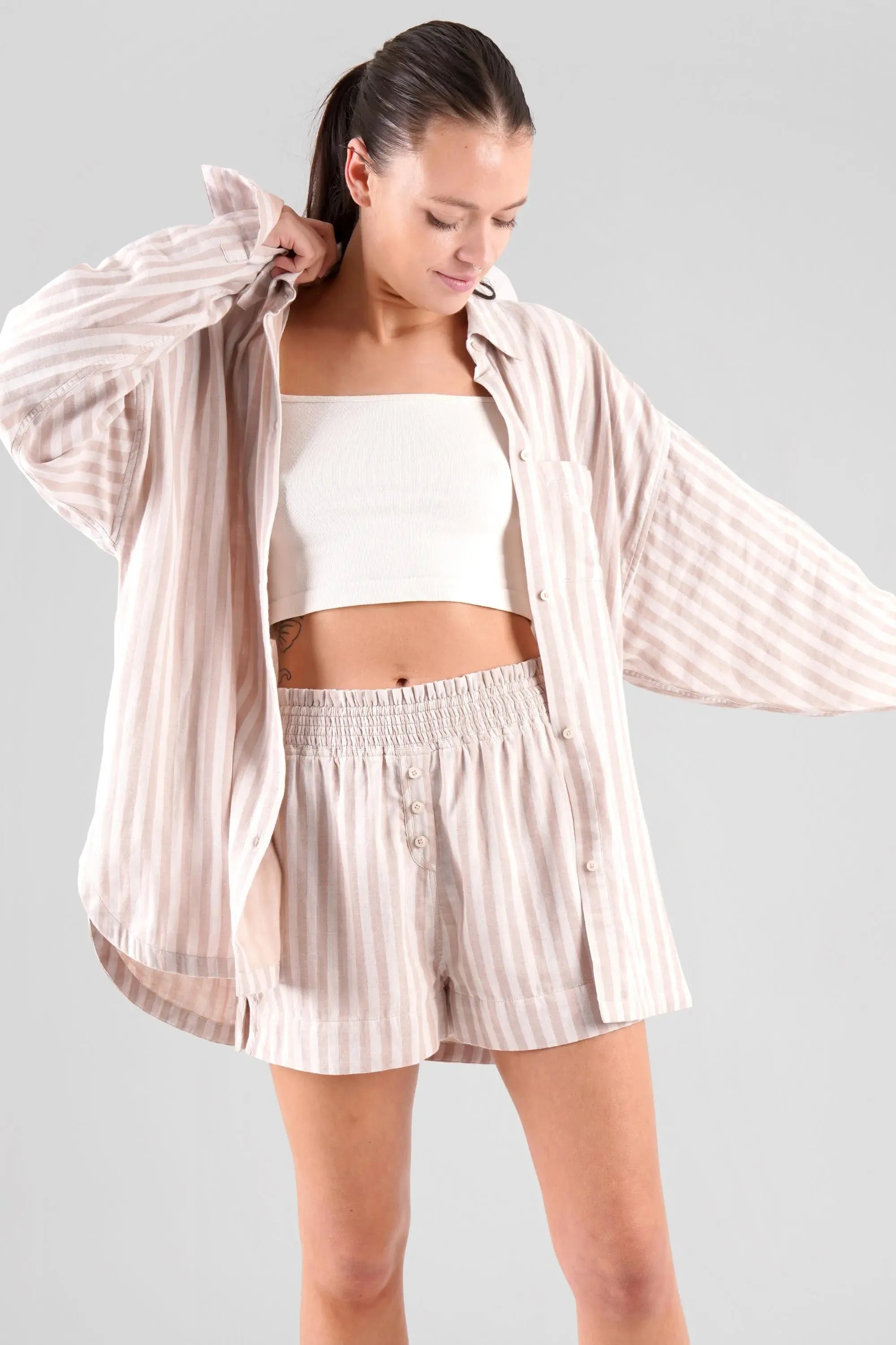Lomandra Striped Ethical-Cotton Pyjama Shorts - Golden Glow Beige
