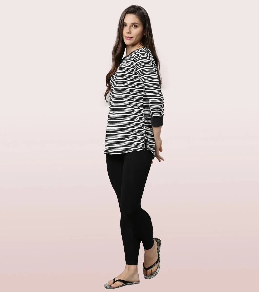 Long Tee – Striped | ¾ Sleeve Boat Neck Lounge Tee With Mindful Graphic