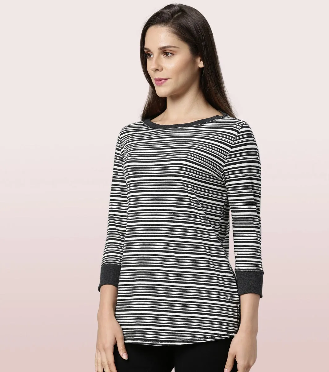 Long Tee – Striped | ¾ Sleeve Boat Neck Lounge Tee With Mindful Graphic