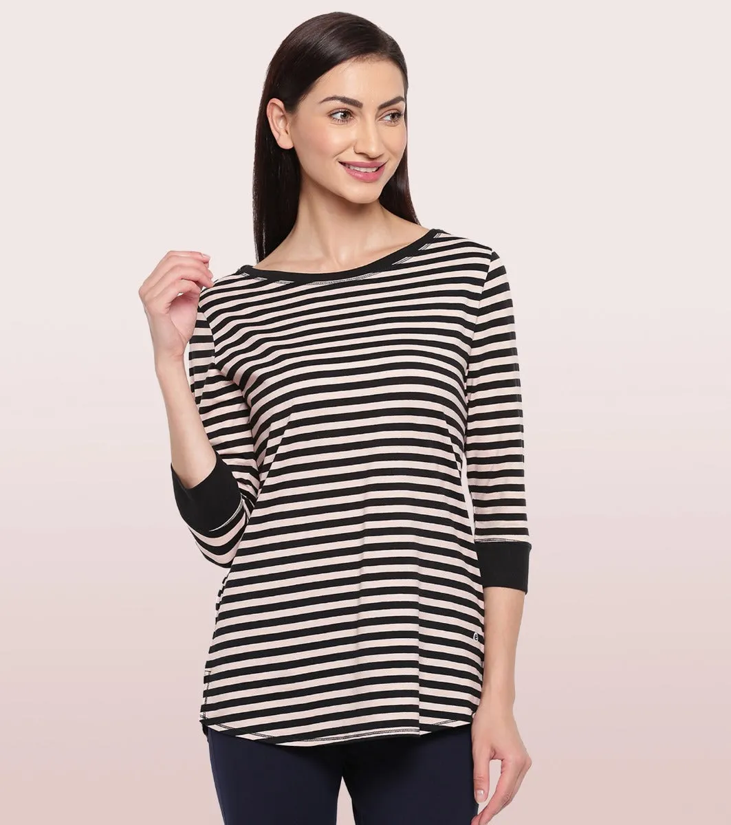 Long Tee – Striped | ¾ Sleeve Boat Neck Lounge Tee With Mindful Graphic