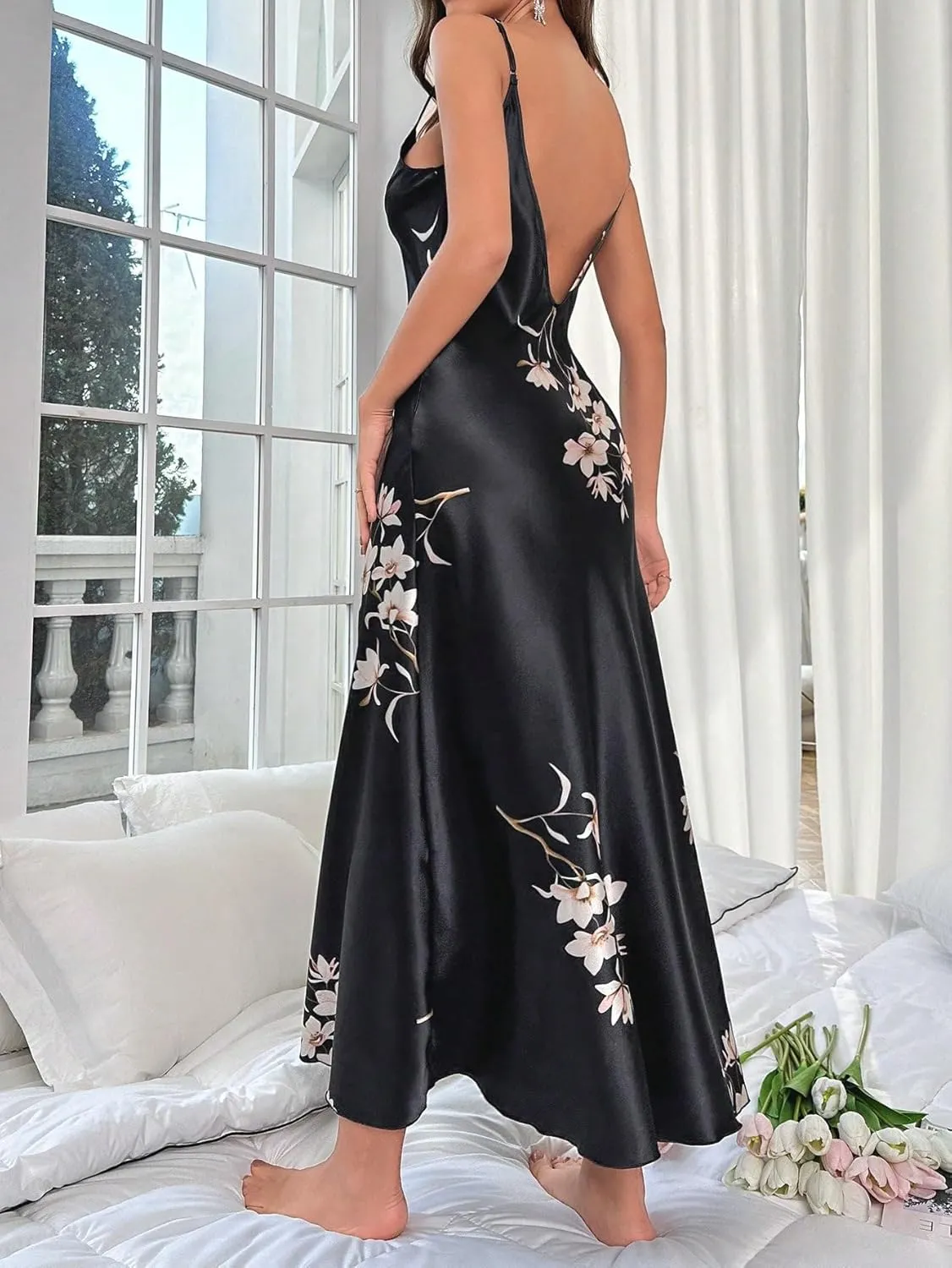 MakeMeChic Women's Satin Nightgown Floral Long Slip Dress Cami Backless Silk Sleepwear