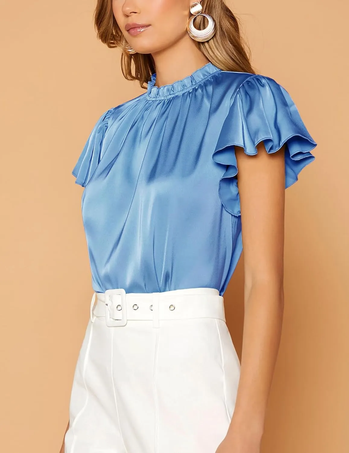 Maysoar Satin Tops for Women Frill Mock Neck Silk Blouse Casual Butterfly Sleeve Shirt