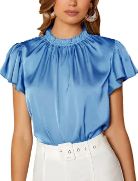 Maysoar Satin Tops for Women Frill Mock Neck Silk Blouse Casual Butterfly Sleeve Shirt