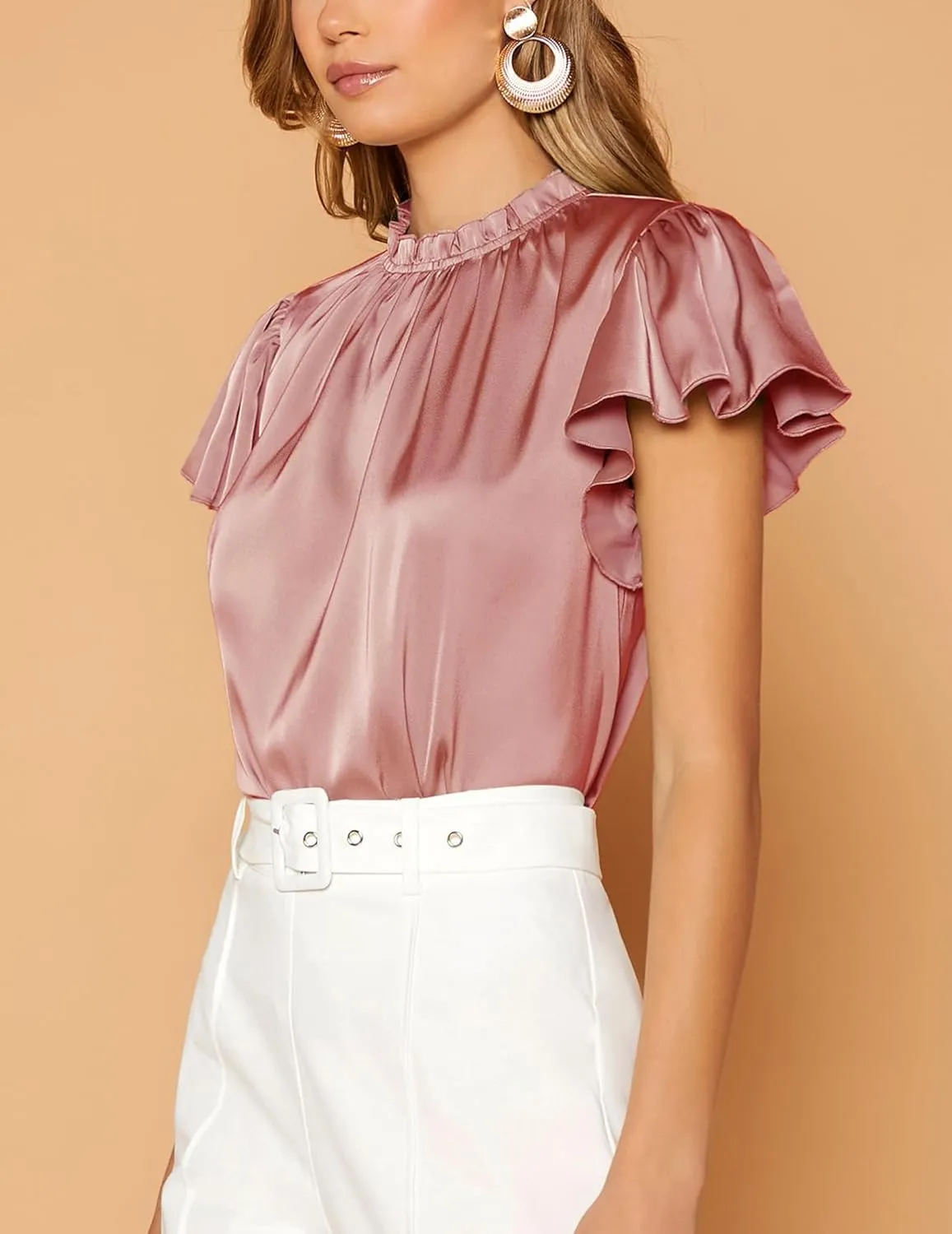 Maysoar Satin Tops for Women Frill Mock Neck Silk Blouse Casual Butterfly Sleeve Shirt