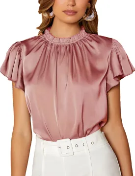Maysoar Satin Tops for Women Frill Mock Neck Silk Blouse Casual Butterfly Sleeve Shirt