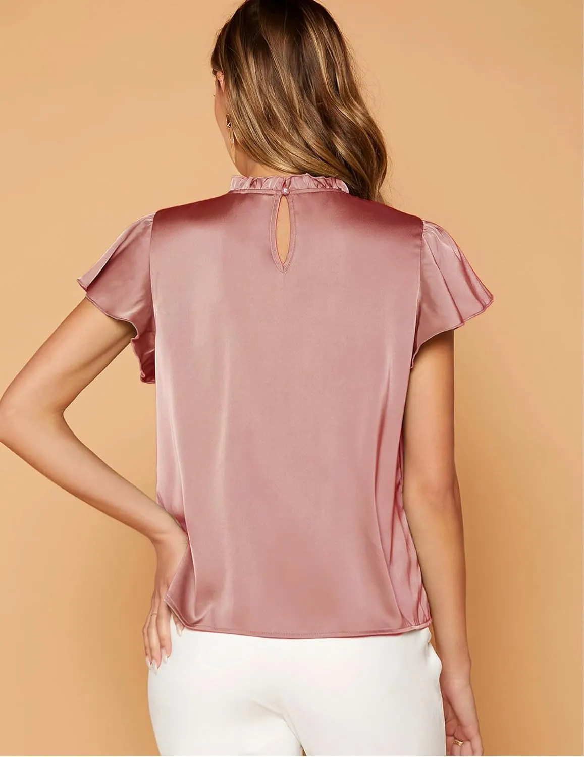 Maysoar Satin Tops for Women Frill Mock Neck Silk Blouse Casual Butterfly Sleeve Shirt