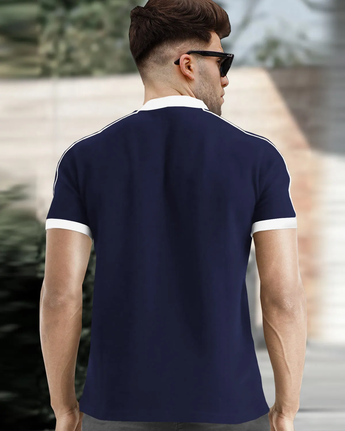 Men Navy Blue Zip-neck Half Sleeve White Piping T-shirt