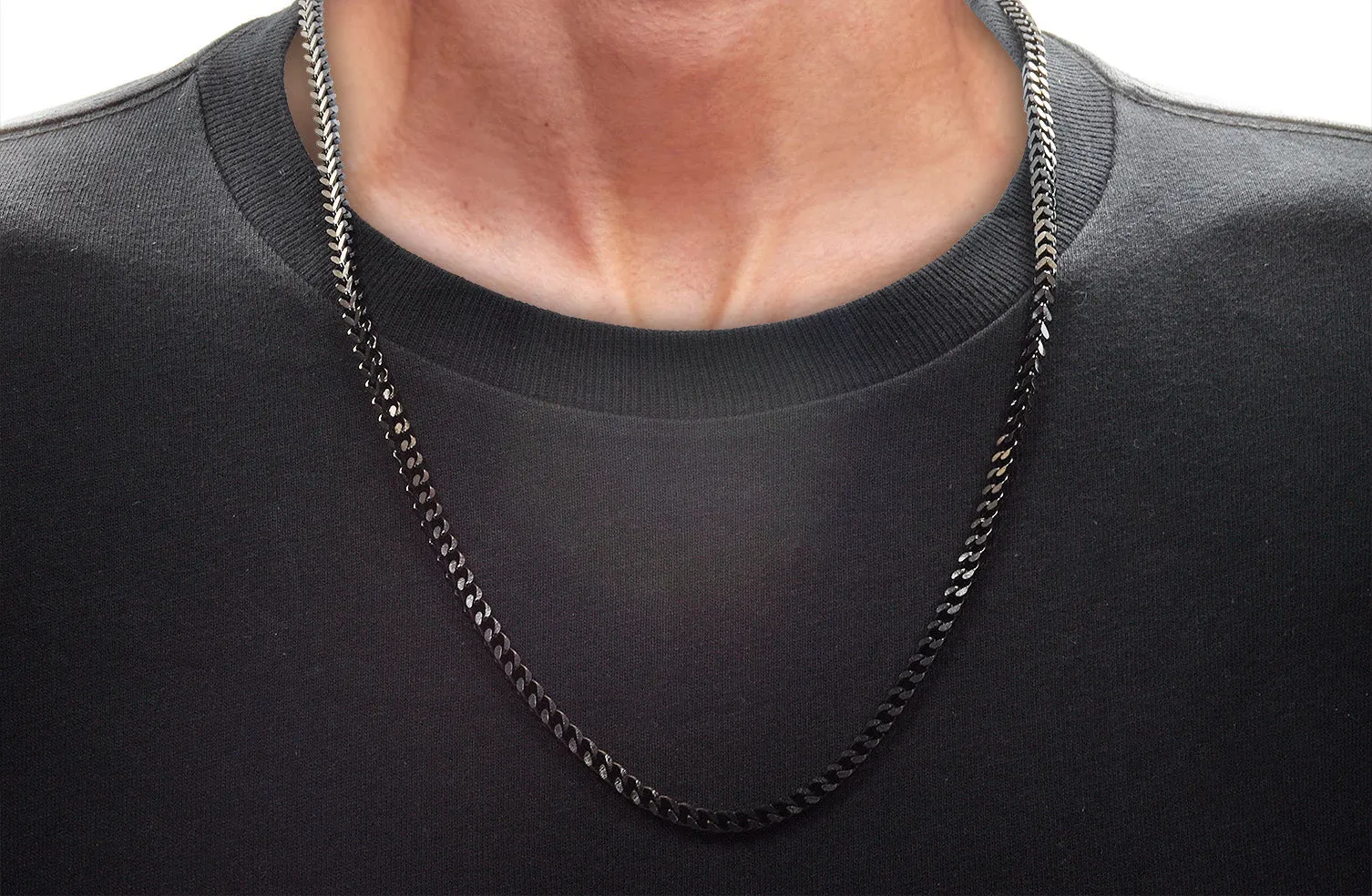 Mens 4mm Black Stainless Steel Franco Link Chain Necklace