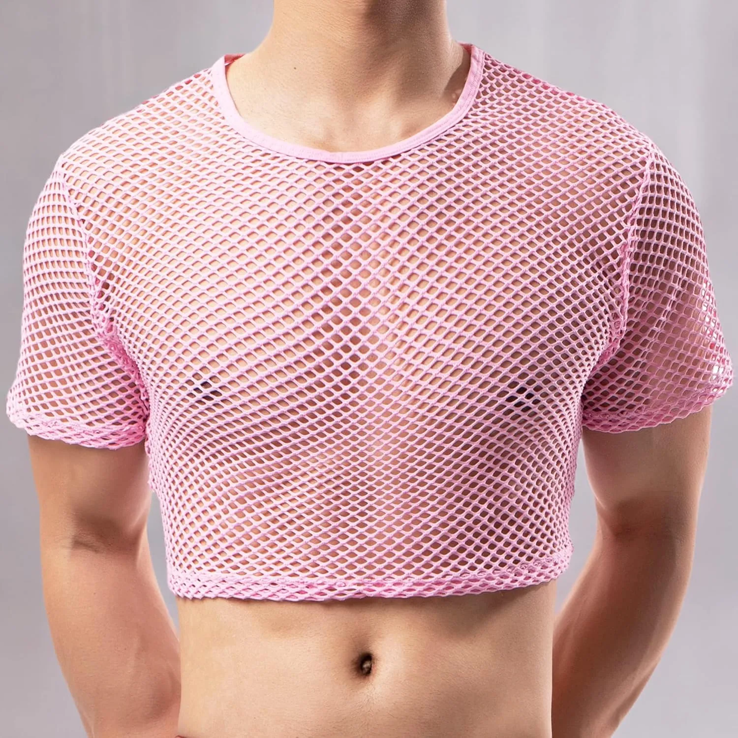Men's Fishnet Crop Tops Mesh T Shirt See Through Undershirt Nightwear Sheer Shirt