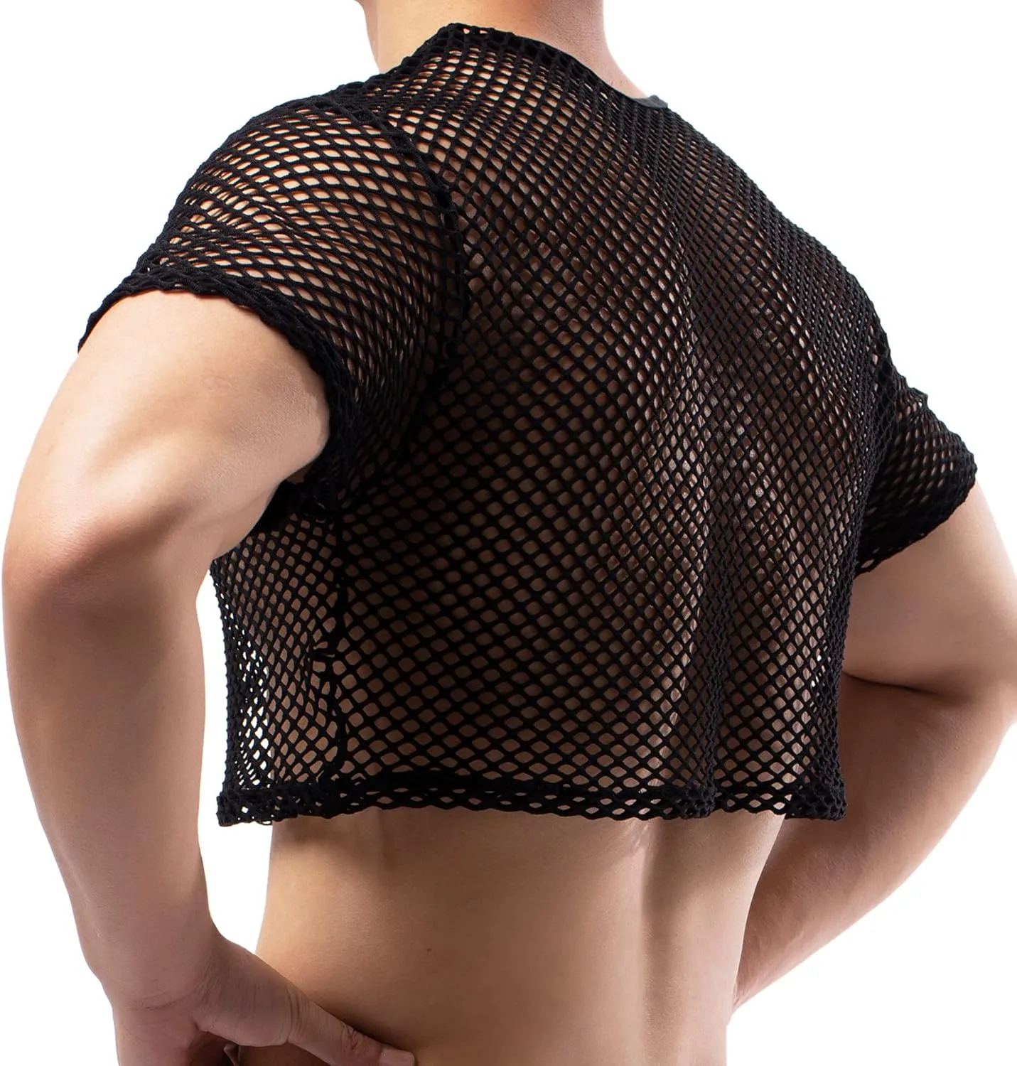 Men's Fishnet Crop Tops Mesh T Shirt See Through Undershirt Nightwear Sheer Shirt