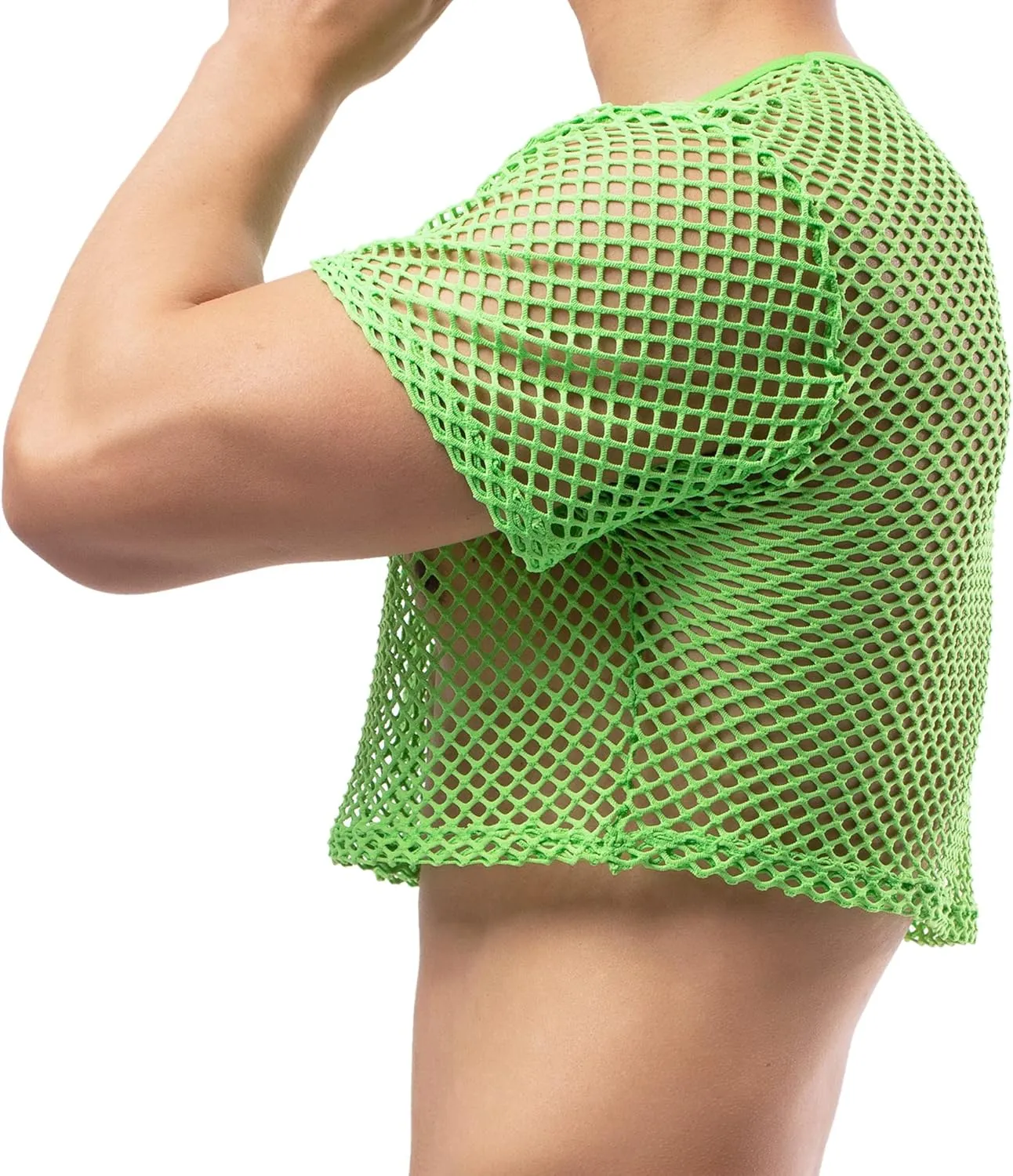 Men's Fishnet Crop Tops Mesh T Shirt See Through Undershirt Nightwear Sheer Shirt