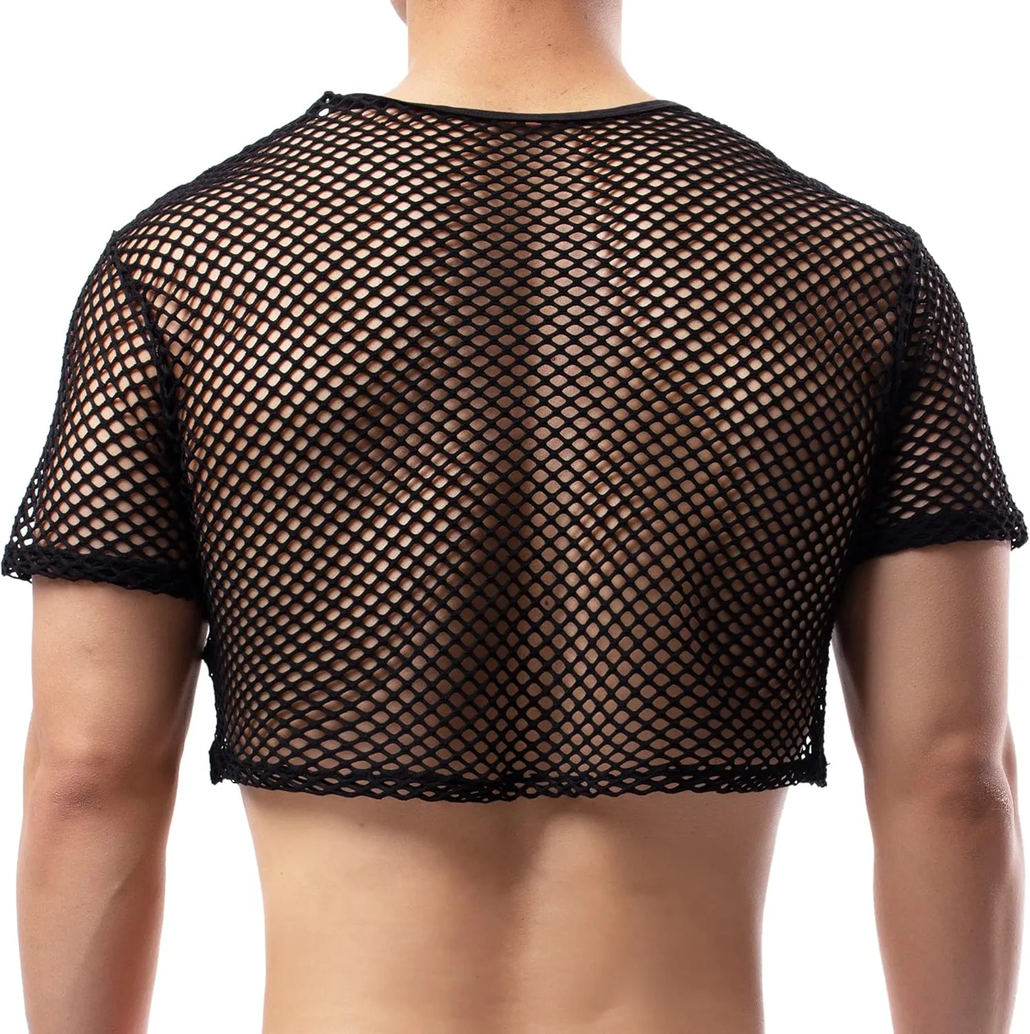 Men's Fishnet Crop Tops Mesh T Shirt See Through Undershirt Nightwear Sheer Shirt
