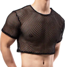 Men's Fishnet Crop Tops Mesh T Shirt See Through Undershirt Nightwear Sheer Shirt