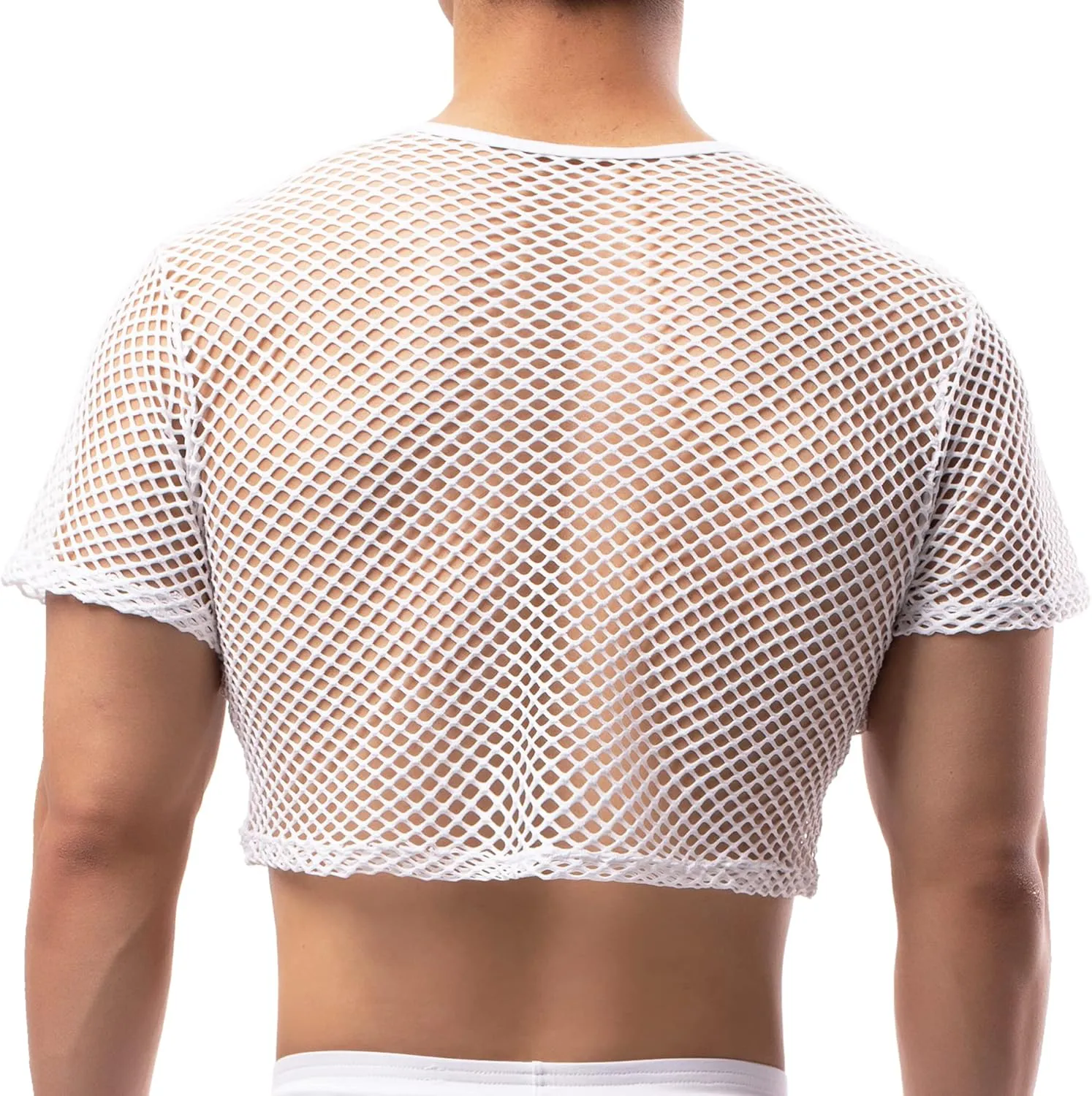 Men's Fishnet Crop Tops Mesh T Shirt See Through Undershirt Nightwear Sheer Shirt