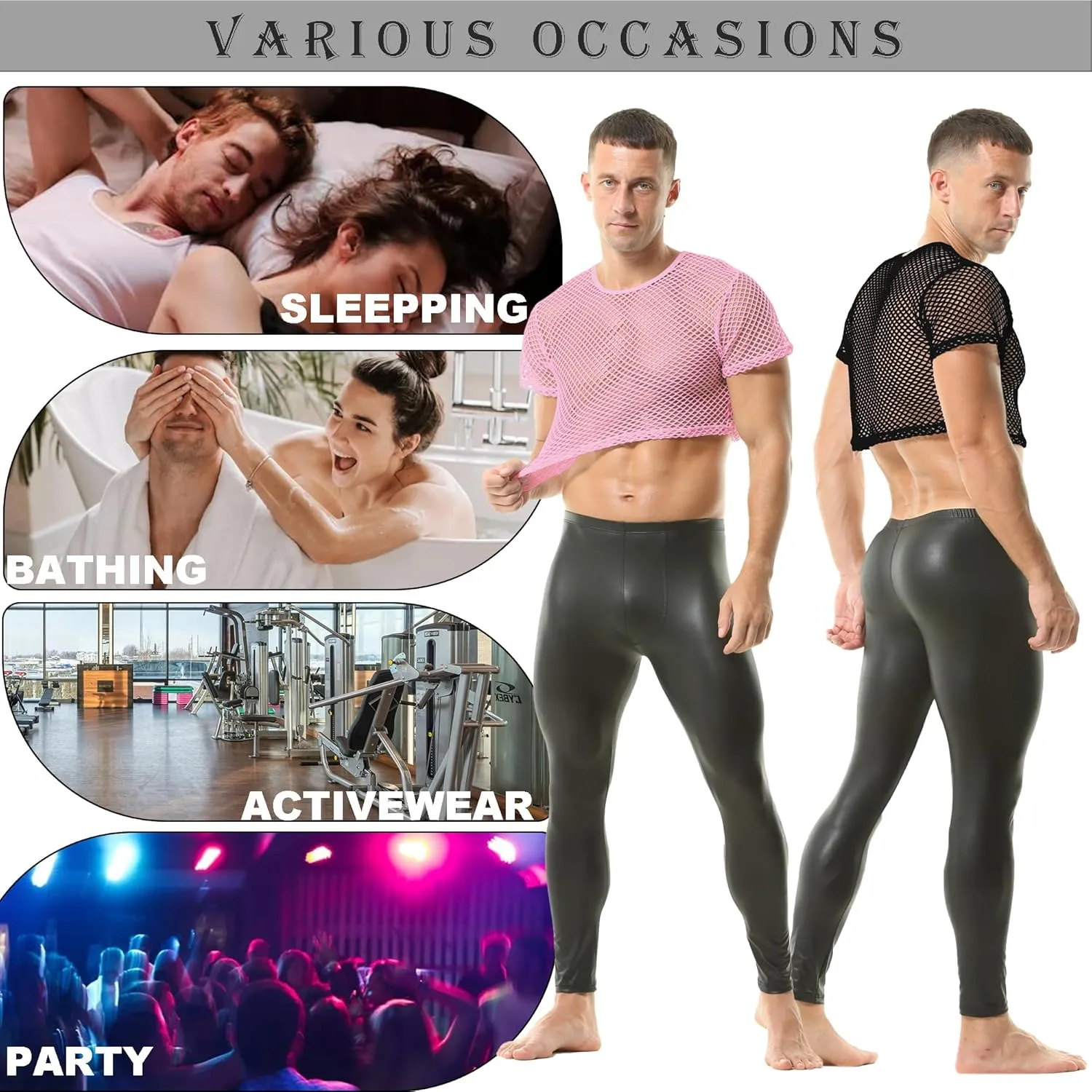 Men's Fishnet Crop Tops Mesh T Shirt See Through Undershirt Nightwear Sheer Shirt