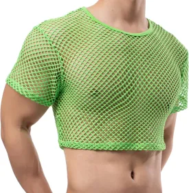 Men's Fishnet Crop Tops Mesh T Shirt See Through Undershirt Nightwear Sheer Shirt