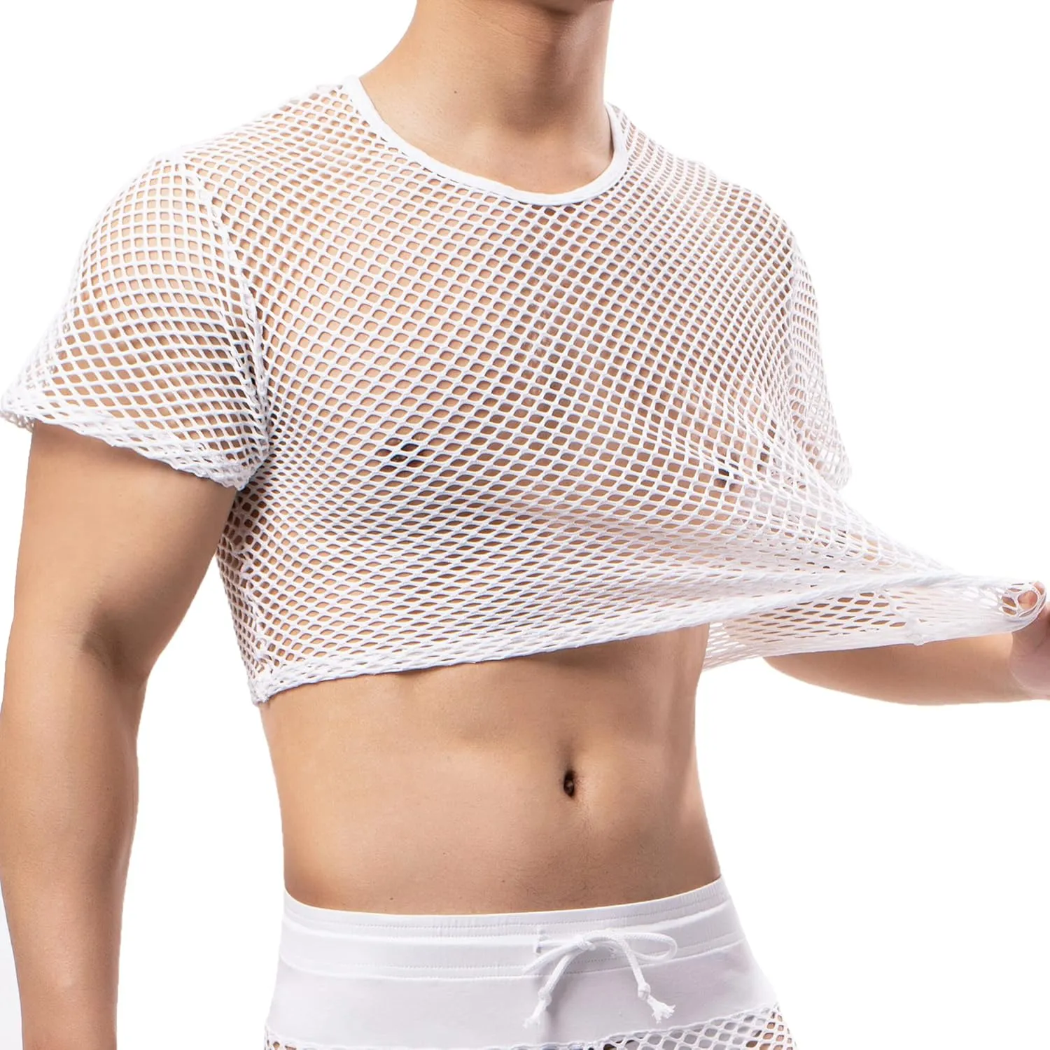 Men's Fishnet Crop Tops Mesh T Shirt See Through Undershirt Nightwear Sheer Shirt