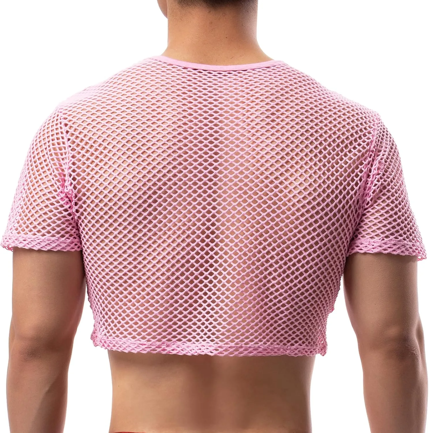 Men's Fishnet Crop Tops Mesh T Shirt See Through Undershirt Nightwear Sheer Shirt