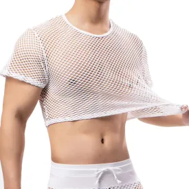 Men's Fishnet Crop Tops Mesh T Shirt See Through Undershirt Nightwear Sheer Shirt