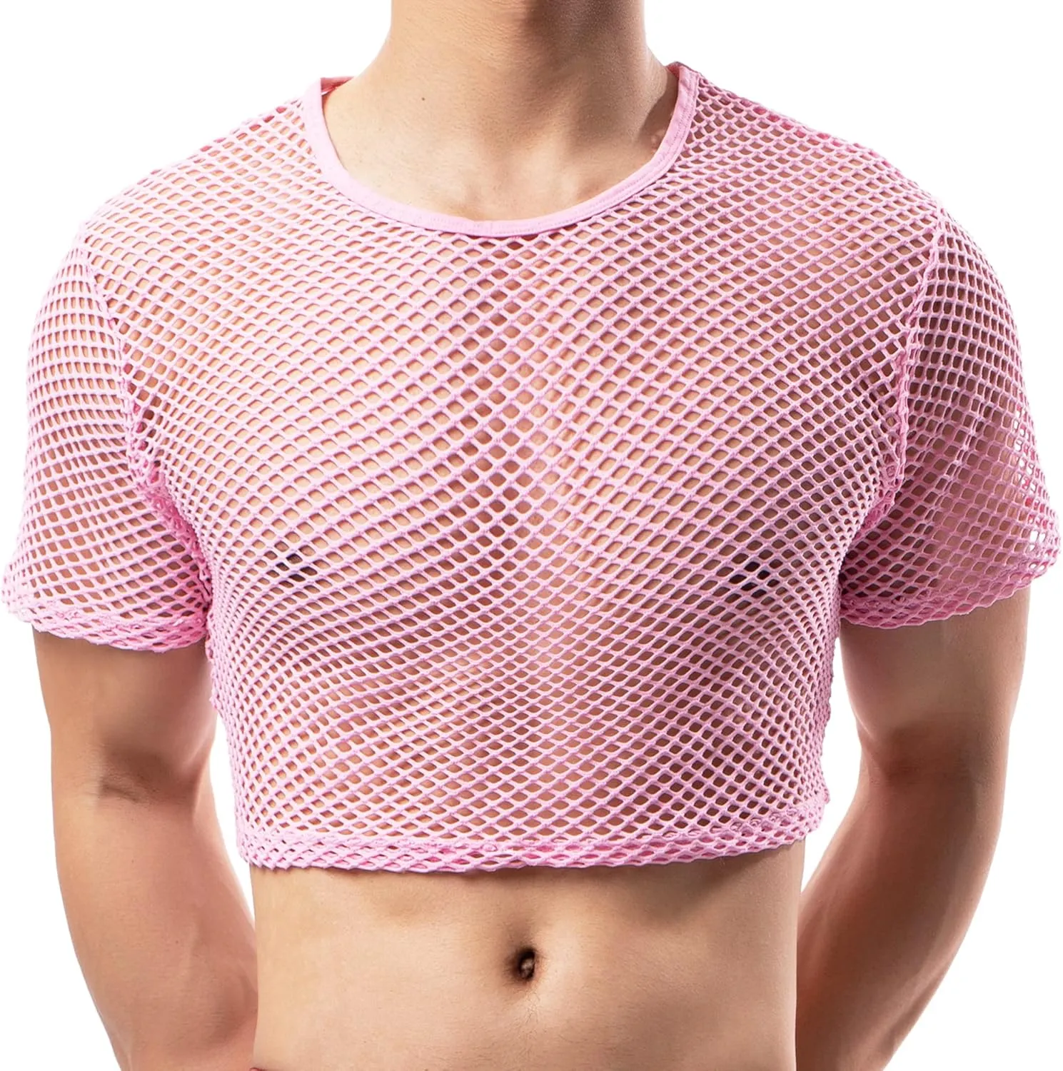 Men's Fishnet Crop Tops Mesh T Shirt See Through Undershirt Nightwear Sheer Shirt