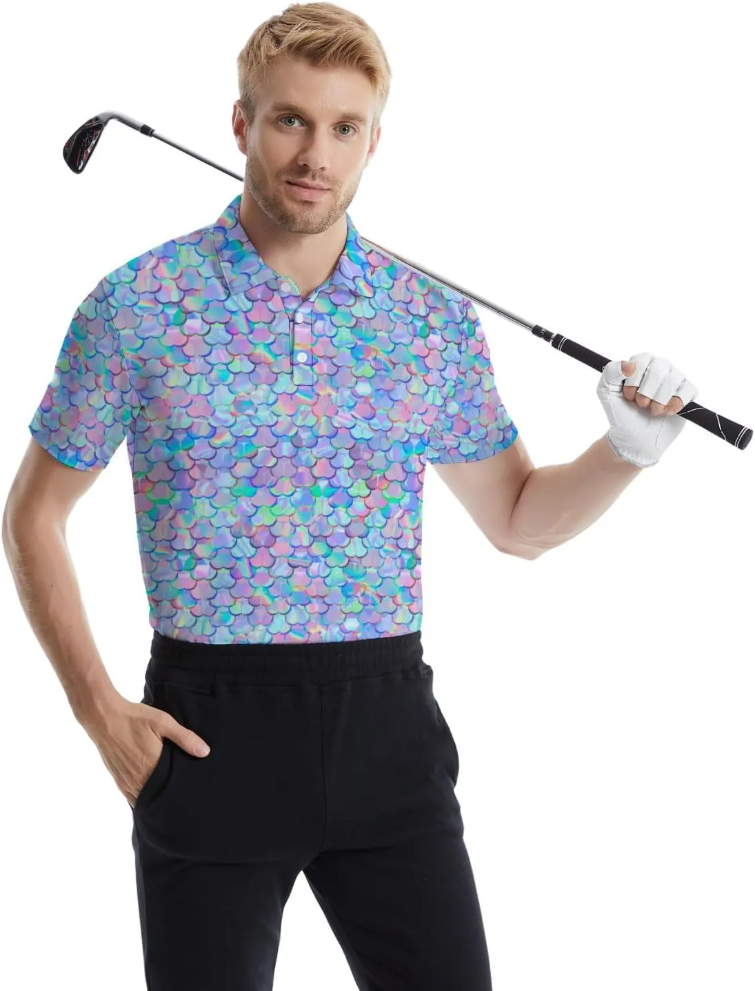 Men's Funny Golf Polo Shirts Quick Dry Blue Cartoon Short Sleeve Polo Shirts