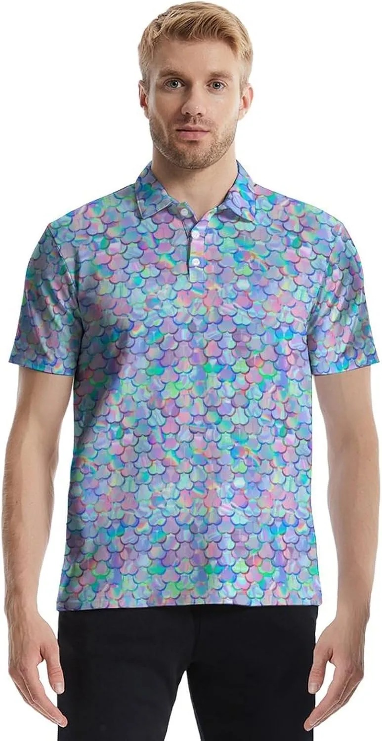 Men's Funny Golf Polo Shirts Quick Dry Blue Cartoon Short Sleeve Polo Shirts