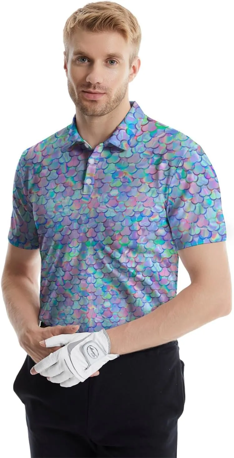 Men's Funny Golf Polo Shirts Quick Dry Blue Cartoon Short Sleeve Polo Shirts