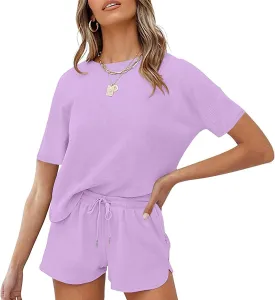MEROKEETY Women's Short Sleeve Waffle Pajama Sets Lounge Top and Shorts 2 Piece Tracksuit Outfits