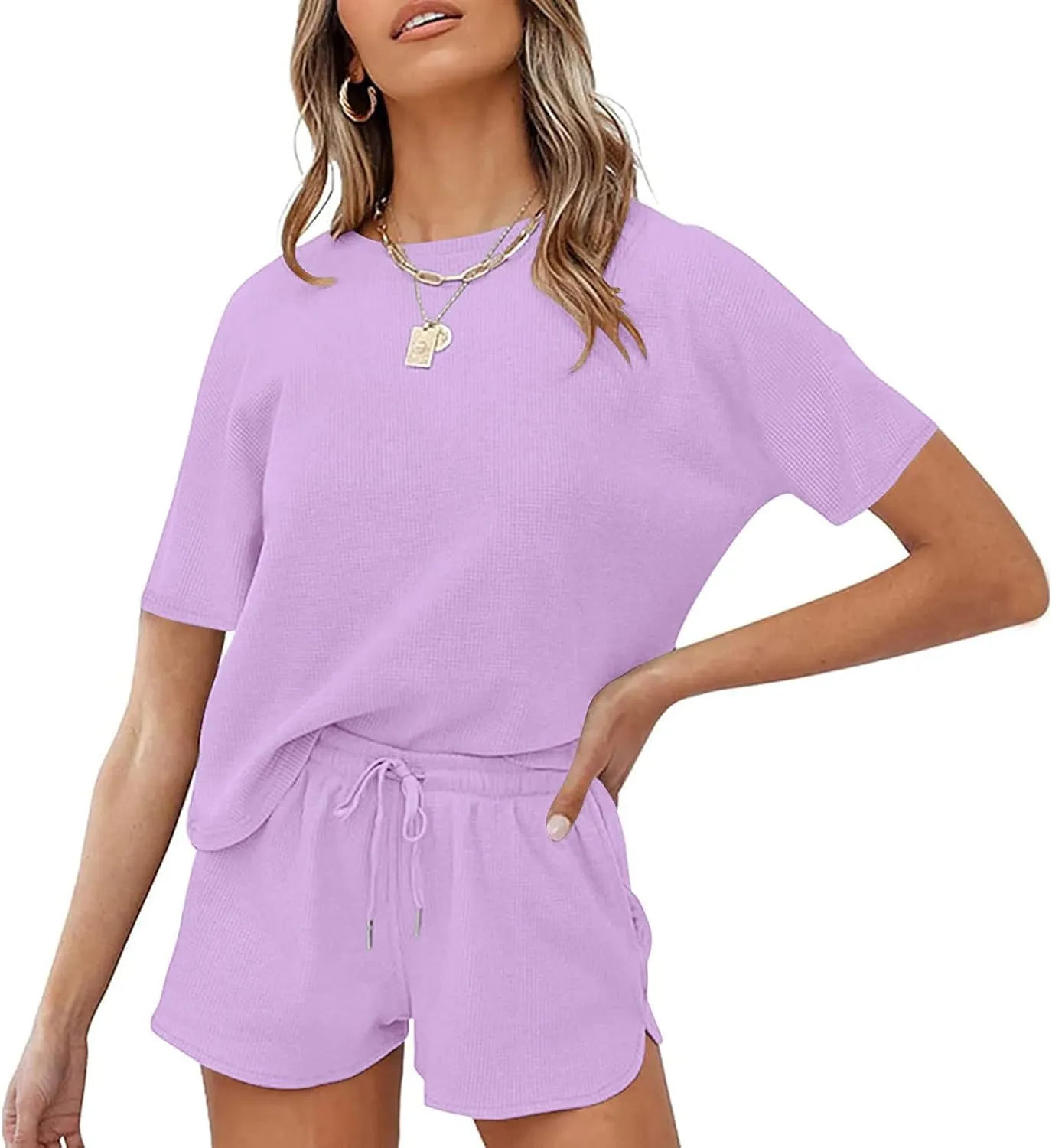 MEROKEETY Women's Short Sleeve Waffle Pajama Sets Lounge Top and Shorts 2 Piece Tracksuit Outfits