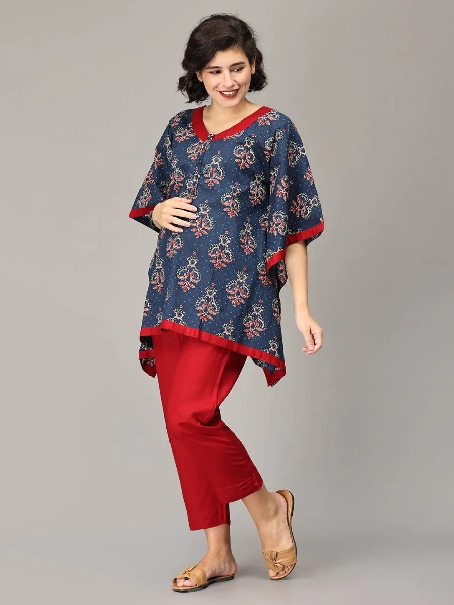 Navy Blue Floral and Maroon Kaftan Maternity and Feeding Nightsuit