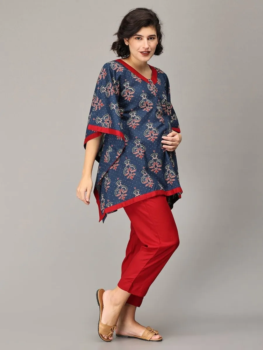Navy Blue Floral and Maroon Kaftan Maternity and Feeding Nightsuit