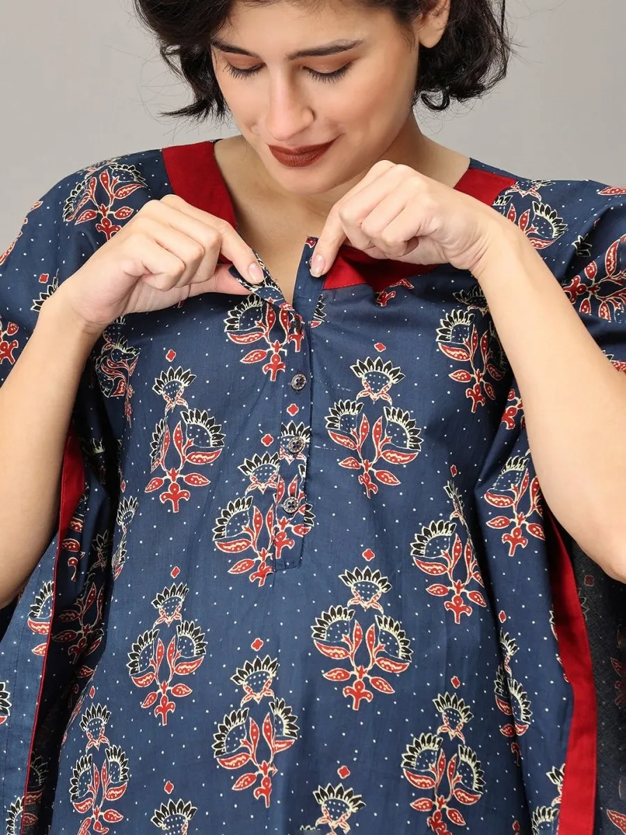 Navy Blue Floral and Maroon Kaftan Maternity and Feeding Nightsuit