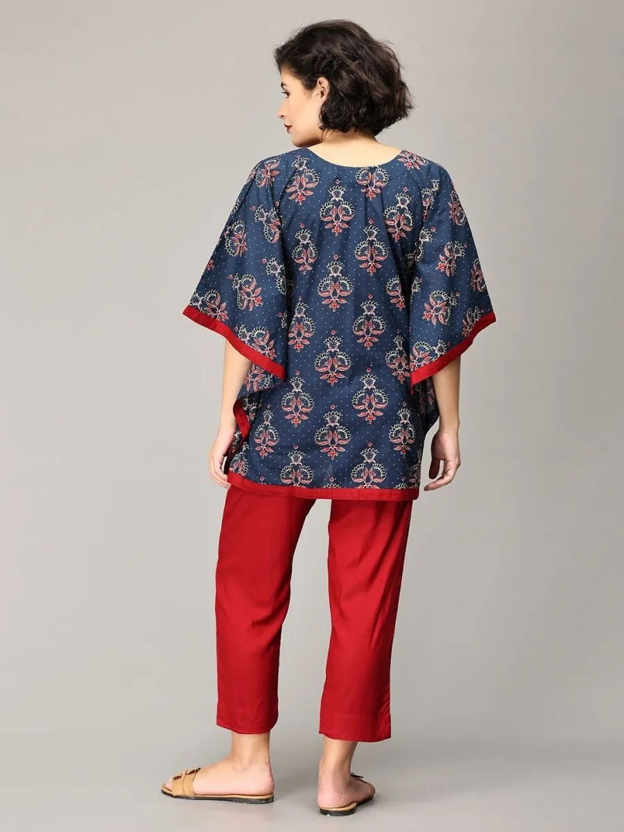 Navy Blue Floral and Maroon Kaftan Maternity and Feeding Nightsuit