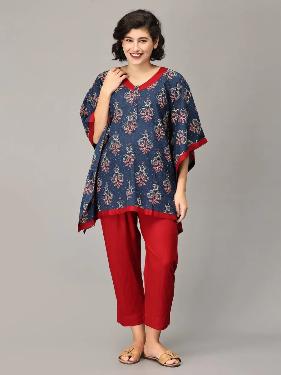 Navy Blue Floral and Maroon Kaftan Maternity and Feeding Nightsuit