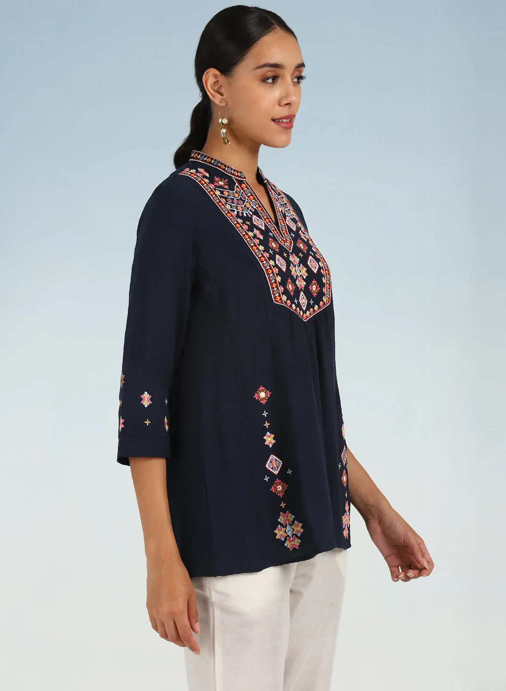 Navy Blue Tunic with Front Yoke Embroidery Detail