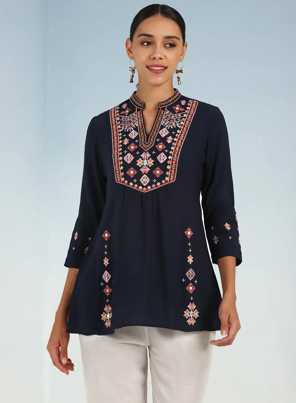 Navy Blue Tunic with Front Yoke Embroidery Detail