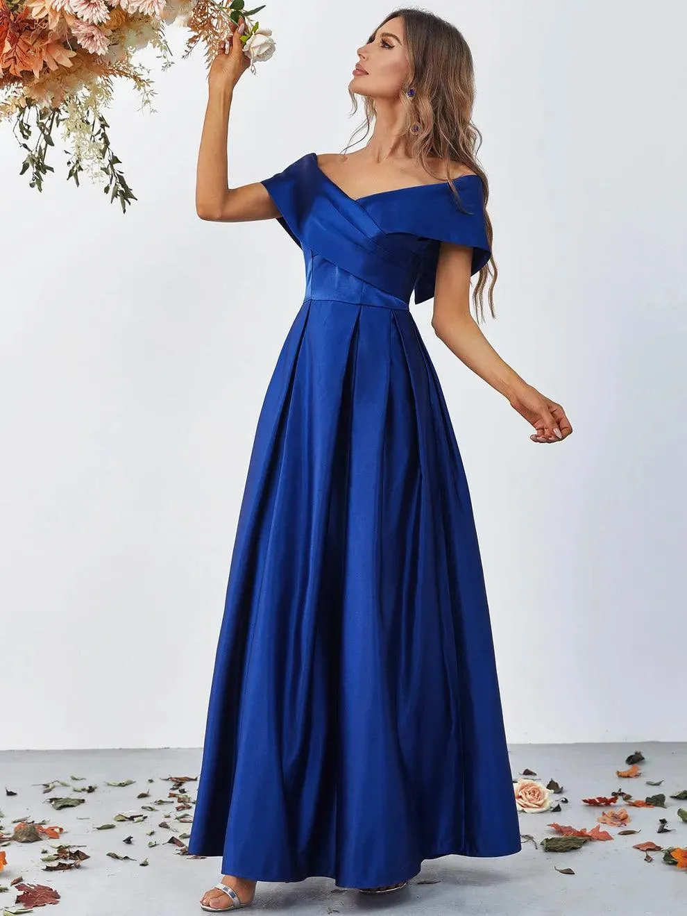 Off Shoulder Fold Pleated Detail Satin A Line Dress